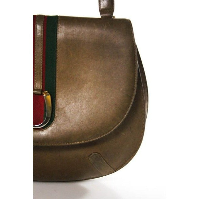 Gucci Vintage Tan Medium Brown Leather With Red Green Center Stripe