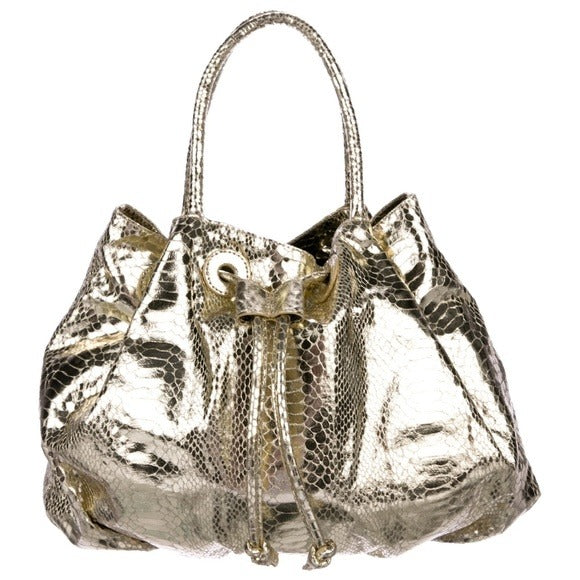 Metallic gold embossed leather Carlos Falchi Fatto A Mano satchel with silver-tone hardware & a removable strap