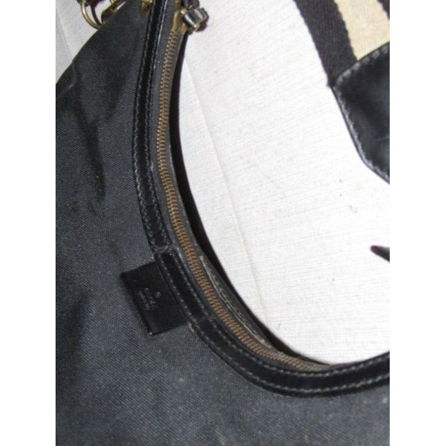 Gucci Vintage Black Canvas And Leather With A Tan And Black Canvas Striped