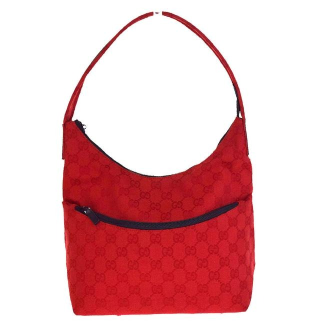 Gucci Newer Large G Logo Print In Red On Canvas With Navy Leather Heavy Fabric