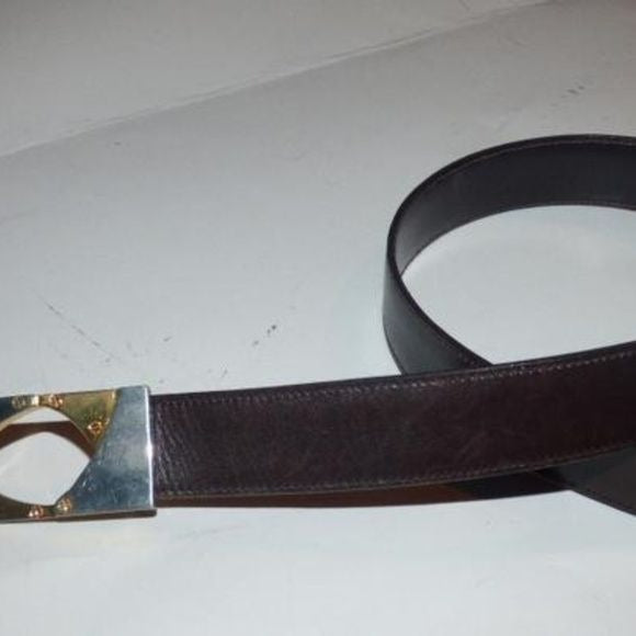 Gucci brown/burgundy leather belt w two-tone equestrian buckle