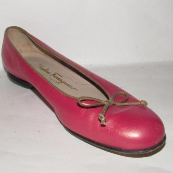 Salvatore Ferragamo Pink Leather Vintage Ballet Flats With Metallic Taupe Trim And Bows