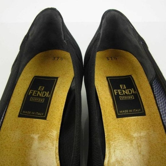 Fendi Black Suede & Leather Flats with FF Logo At Toes & Low Wedge Heels