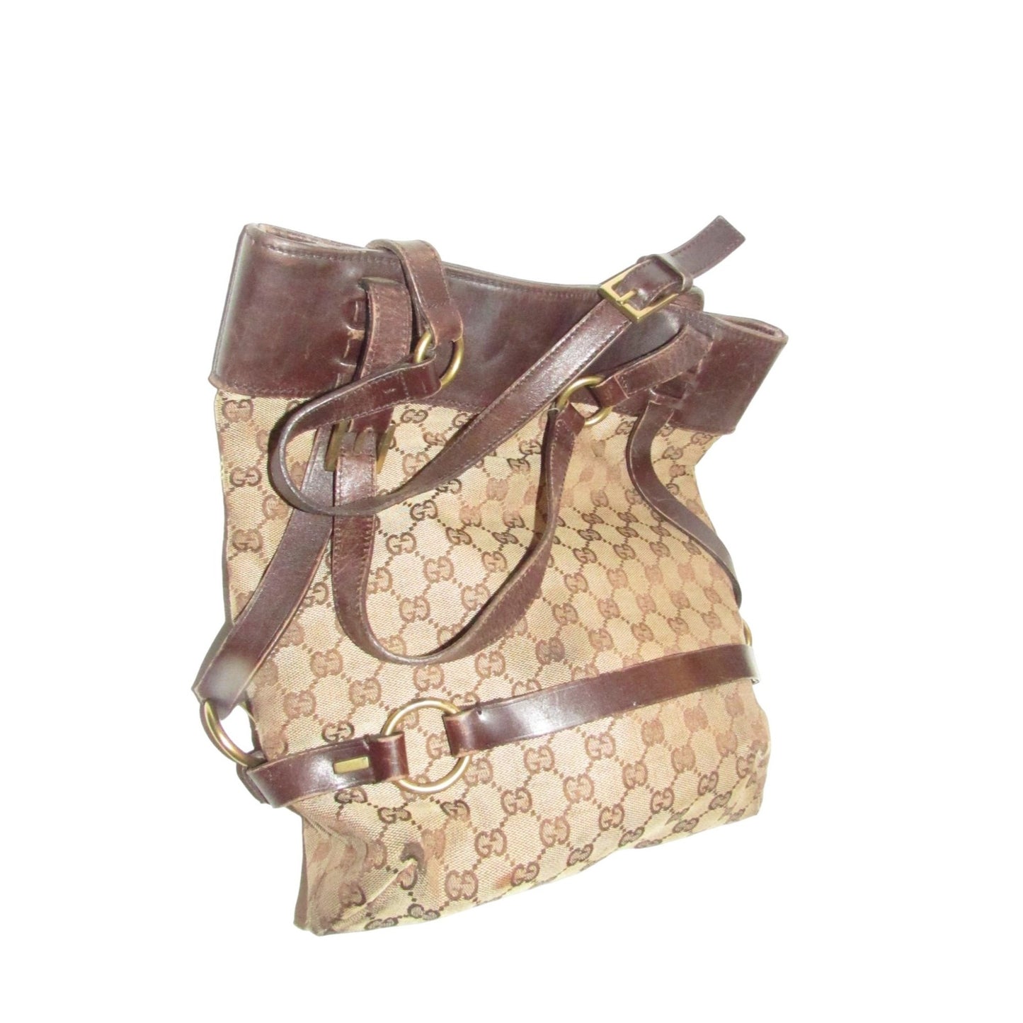 Gucci brown Guccissima print canvas & leather strappy cylindrical tote with brass accents