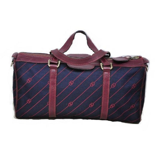 Gucci Navy Canvas w Red Diagonal Logo Print & Burgundy Leather Boston Bag