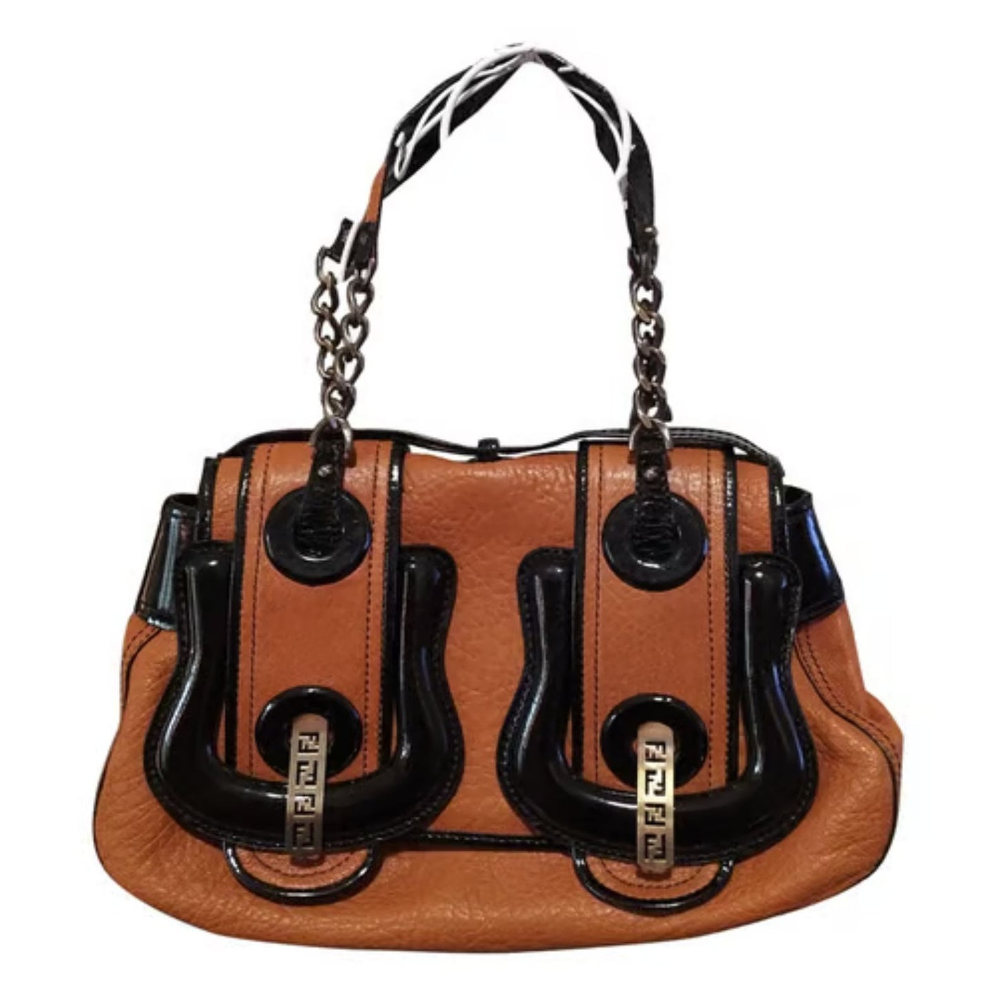 Fendi B Buckle style XL satchel style purse in caramel leather & black patent leather with two antique gold finish chain accent straps