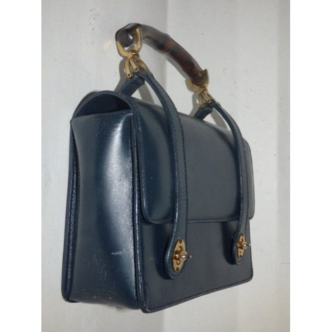 Gucci Vintage Navy Blue Leather And Bamboo Handle Satchel