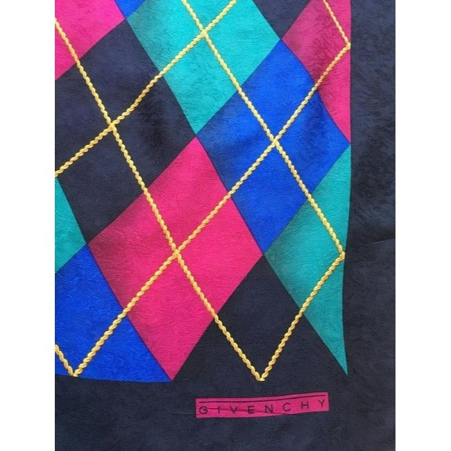 Givenchy Navy Pink Aqua Argyle Print Abstract Silk Scarf