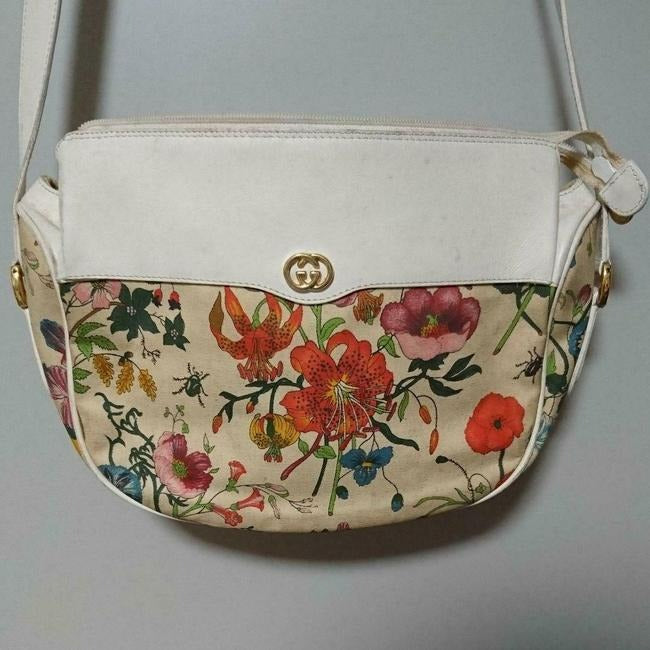 Gucci Garden Souvenir Style Cross Body Colorful Flower Print White Leather And Canvas