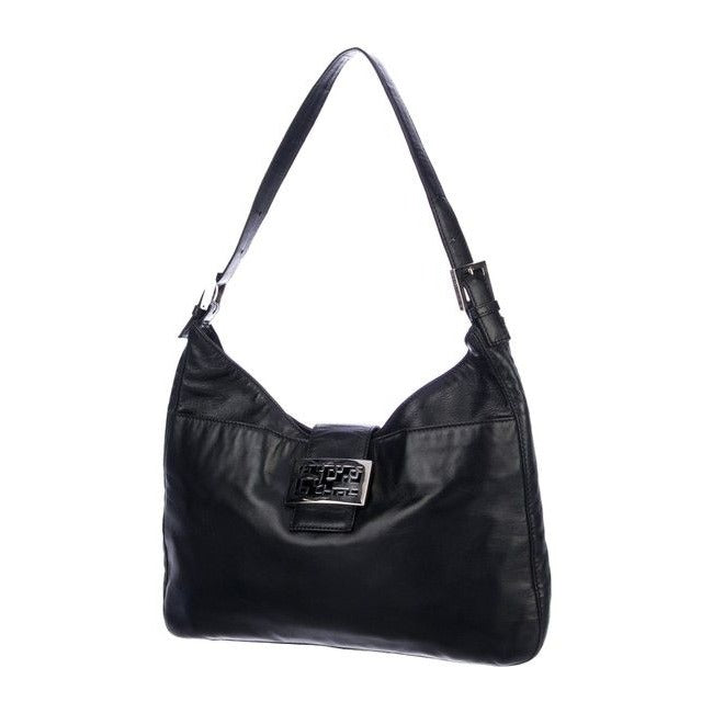 Fendi Shoulder Bag Hobo W V Shaped Style Clasp Black Leatherenamel Ff Satchel