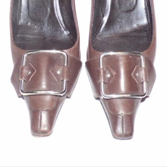 Prada Brown Leather Squared Pointy Toe Kitten Heel  Pumps with Chrome Buckles