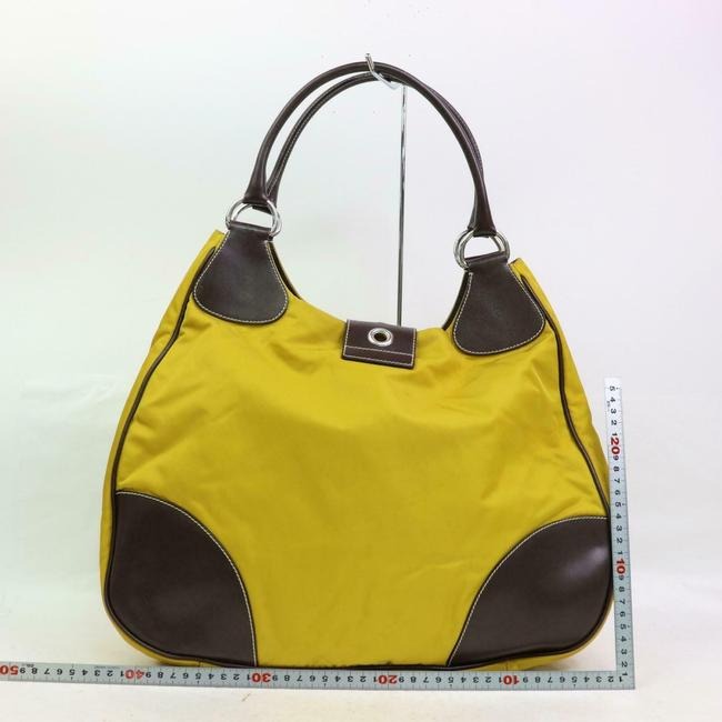 Prada Purse Yellow Canvas And Brown Leather With Chrome Hardware Satchel