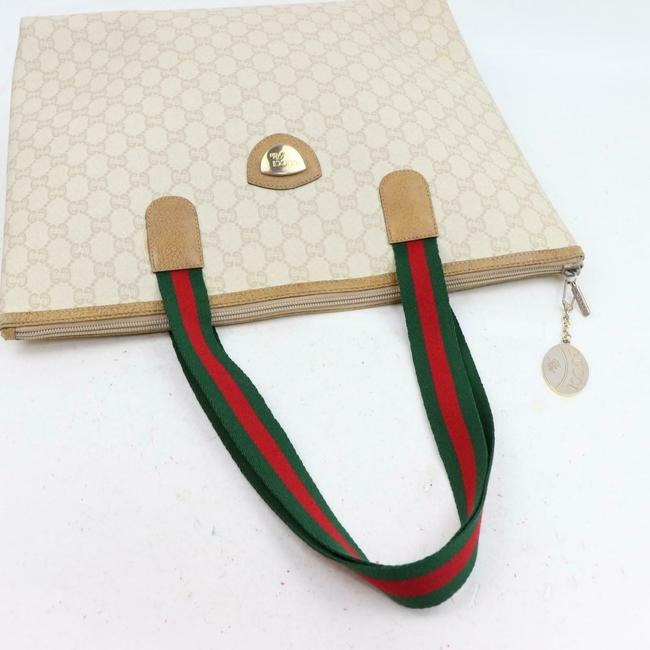 Gucci Style Purse Brown Large G Logo Print On Ivory Coated Canvas And Brown Leather With Red And Green