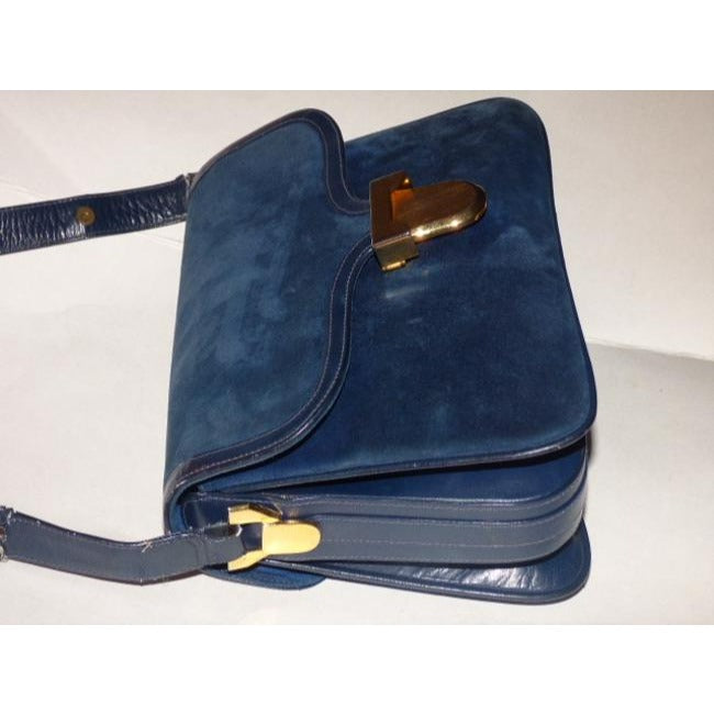 Gucci Vintage Deep Blue Suede And Leather Shoulder Bag