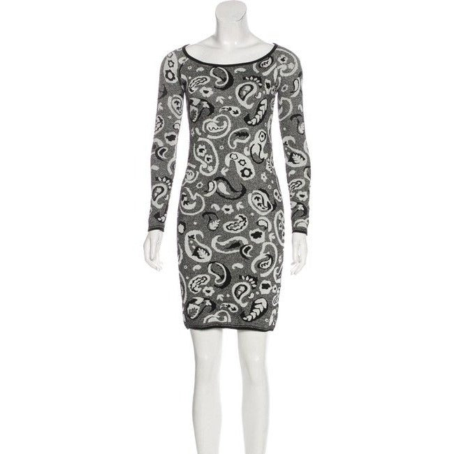 M Missoni Silver Black And White Paisley Intarsia Motif Metallic Print Sweater Mid Length Short Dress