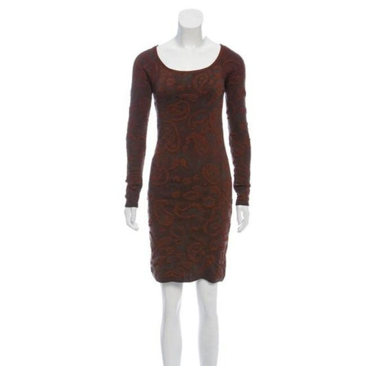 M Missoni Brown And Grey Paisley Motif Print Sweater Mid Length Short Casual Dress