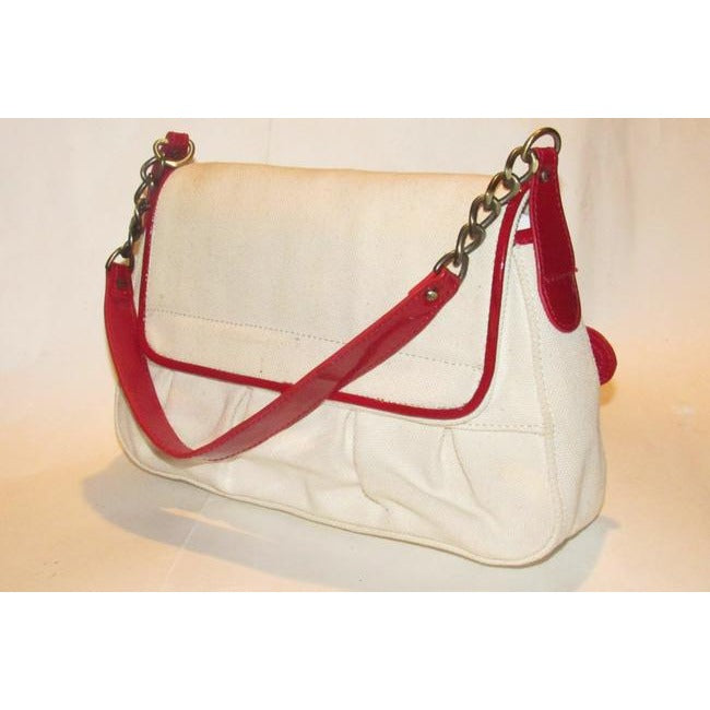 Fendi B Buckle Purses Ivory Canvas And Red Patent Leather Shoulder Bag