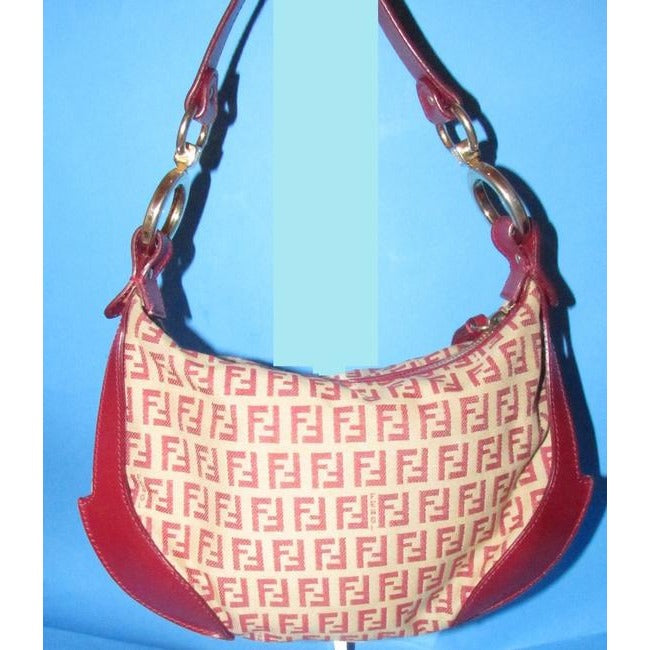 Fendi Chef Shoulder Purse Red Zucchino Print On Tan Leather And Canvas Hobo Bag