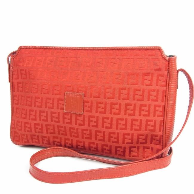 Fendi Purse Red Zucchino Or Small F Logo Print Canvas And Red Leather Shoulder Bag