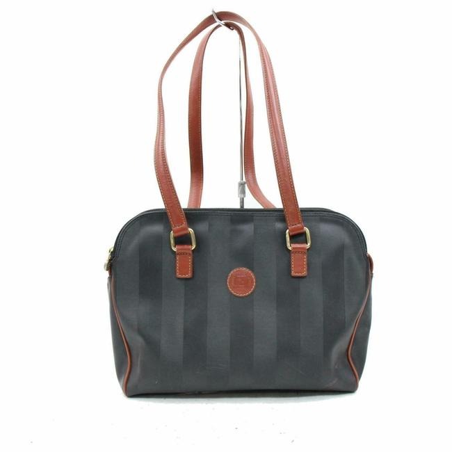 Fendi Early Pequin Black Wide Stripe Print Coated Canvas And Pecan Colored Leather Satchel