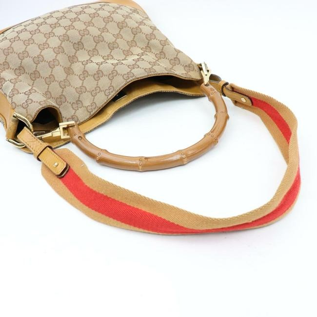 Gucci W Sarah Flip Top Two Handle Gold Striped Brown Gredcamel Strap Leather And Canvas With Bamboo