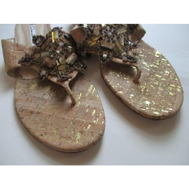 Oscar De La Renta Brown Bronze And Gold T Strap Embellished Sandals Size Eu