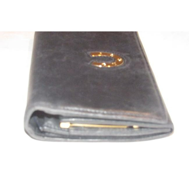 Gucci Navy Blue Leather With Gucci Logo Gold Horseshoe Vintage Continental Accent Wallet