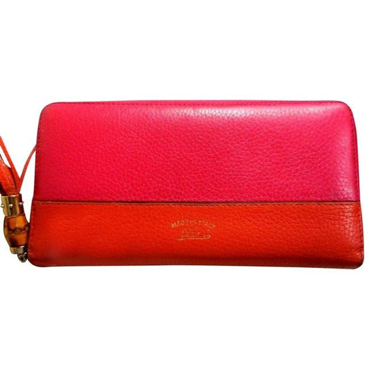 Gucci Fuchsia Orange W Bamboo Pull Xl Line Zip Around Checkbook Size Wallet