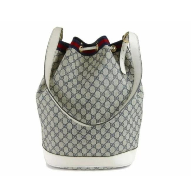 Gucci Blue Guccissima Print on White Leather Drawstring Top Bucket Bag W Red And Navy Stripe