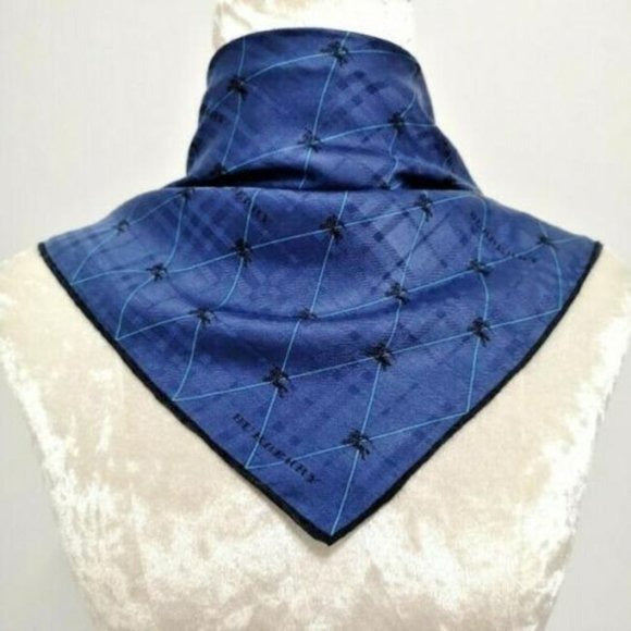 Burberry Blue Black Plaid Jacquard Nova Check Print Silk Scarf