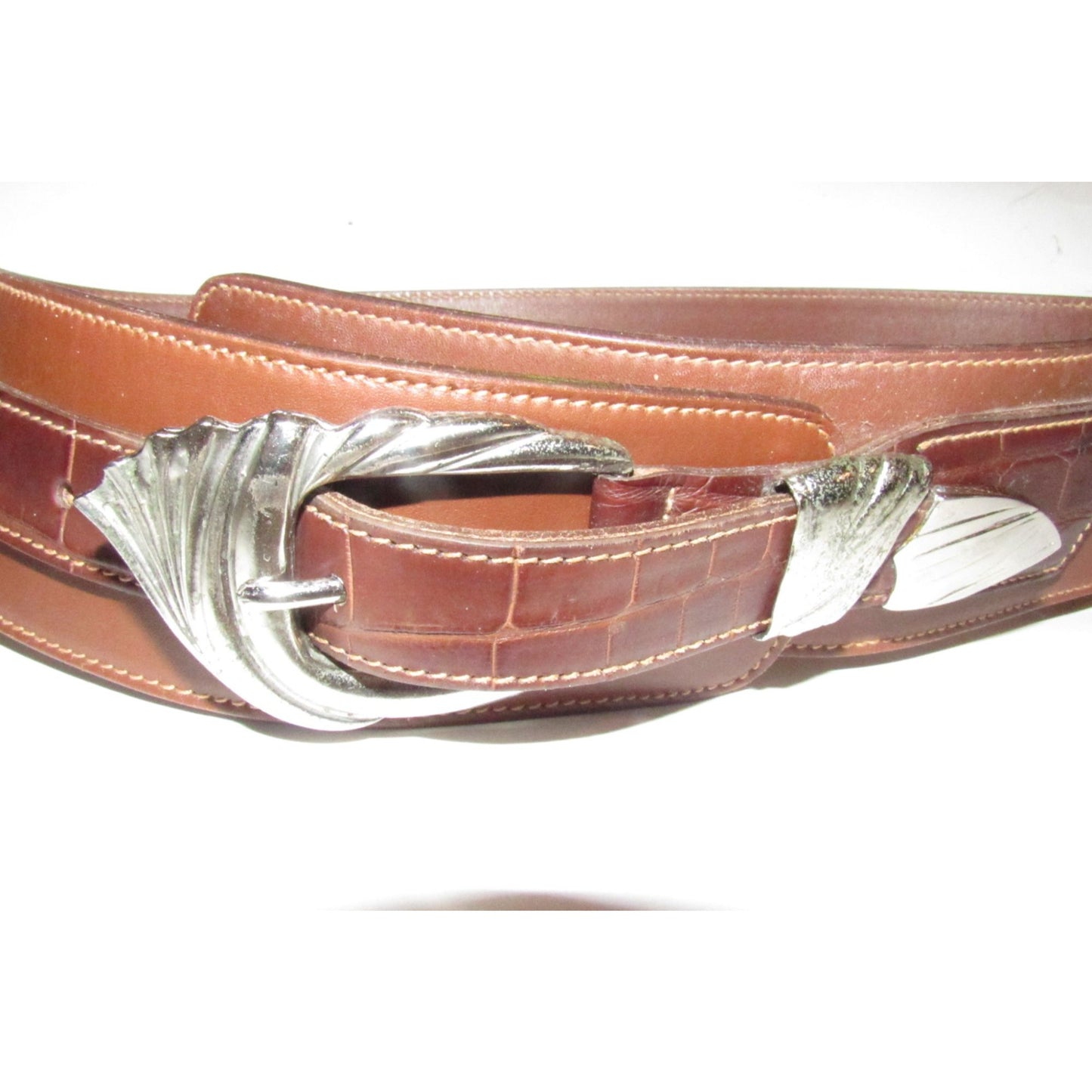 Vintage Gucci, wide, asymmetrical, brown crocodile & smooth leather belt with sterling silver hardware