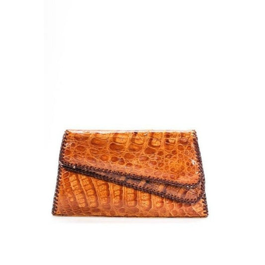 Vintage Glossy Brown Crocodile Leather With Brown Whip Stitched Leather Clutch