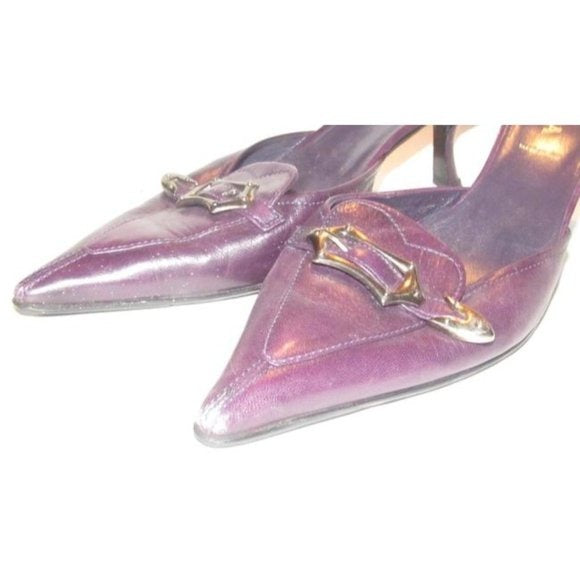 PRADA Purple Leather w Chrome Buckle Kitten Heels