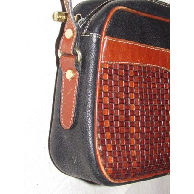 Bally Vintage Black Leather Shoulder Bag With Brown Woven Leather