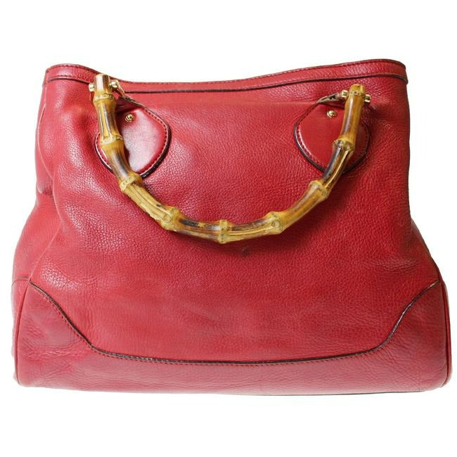 Gucci Vintage Top True Red Leather With Bamboo Handles And Gold Hardware Tote