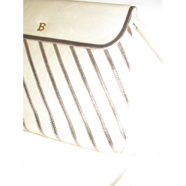 Bally Vintage Pursesdesigner Purses Greenish Gold Leather With Silver Striped Accents Shoulder Bag