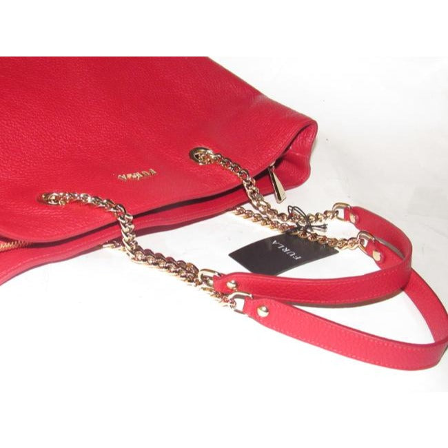 NWT, Furla, 'St. Alice', true red leather satchel with two gold chain & red leather straps, a footed bottom, and multiple compartments & pockets