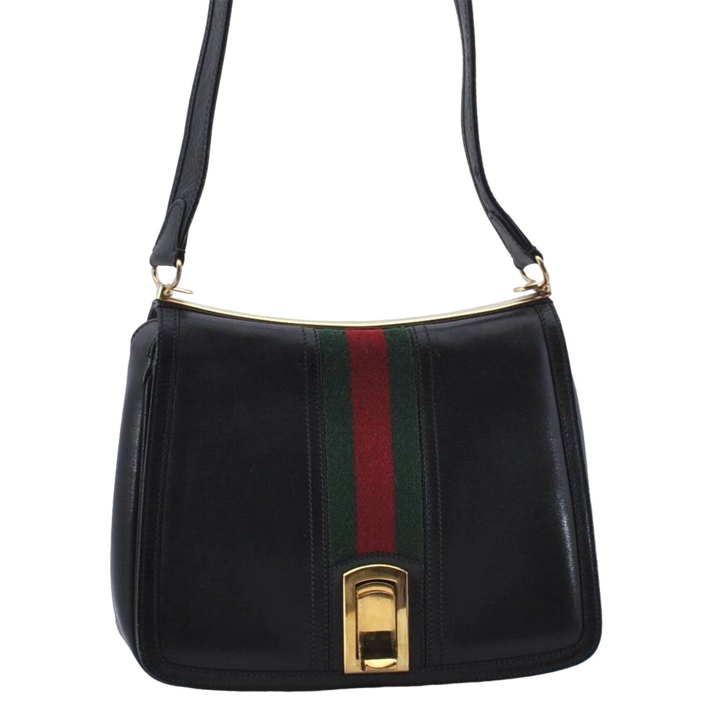 Vintage, RARE, Gucci, mod, black leather, saddle bag shoulder purse with a wide red & green center stripe, and bold gold accents g