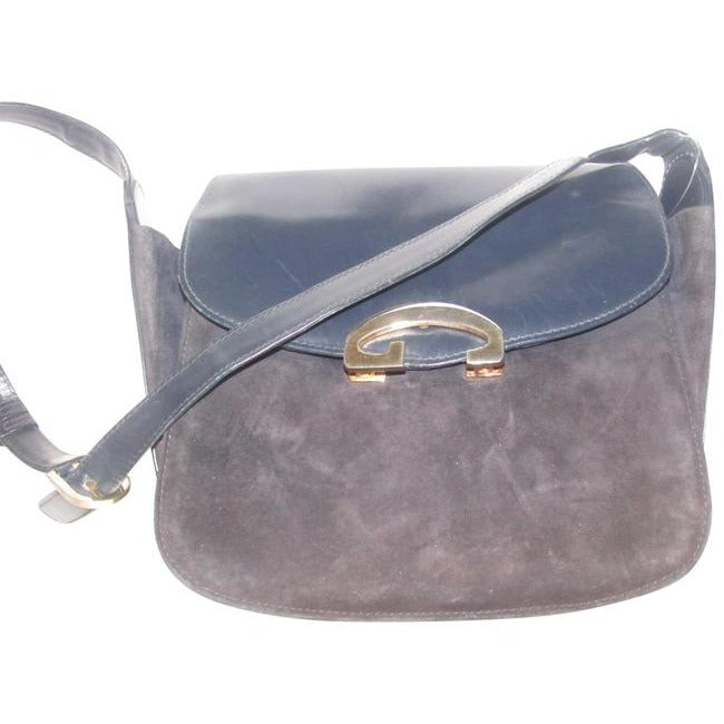 Gucci Vintage Pursesdesigner Purses Navy Leather And Grey Suede Shoulder Bag