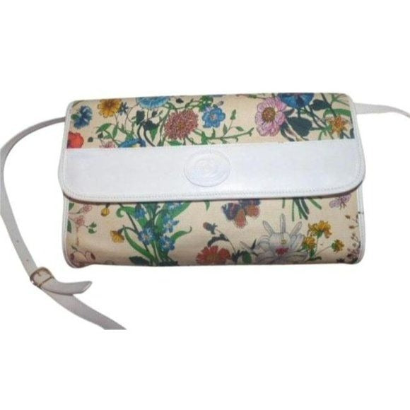 GUCCI Vintage 2-way White Leather Floral Fabric