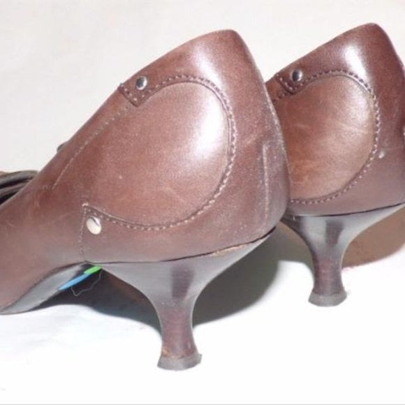 Prada Brown Leather Squared Pointy Toe Kitten Heel  Pumps with Chrome Buckles