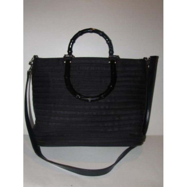 Gucci Two Way Pursesdesigner Purses Black Ribbed Heavy Canvas And Leather With Bamboo Accents Satche