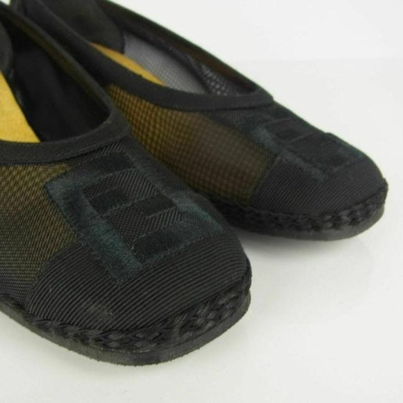 Fendi Black Suede & Leather Flats with FF Logo At Toes & Low Wedge Heels