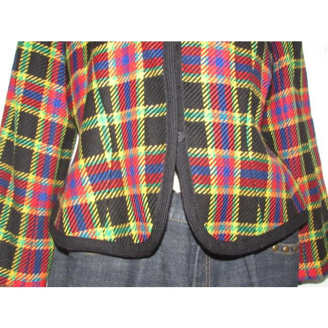 Emanuel Ungaro Black Wool With Red Yellow Blue And Green Window Pane Plaid Blazer