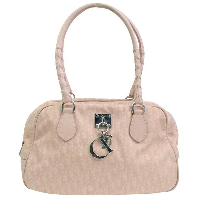 SOLD - Dior Pink Trotter Style Logo Print Canvas And Pink Leather Satchel