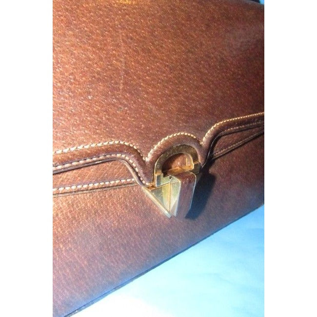 Gucci Bag Vintage Top Handle Purse Brown Leather With Contrast Stitching And Gold Accents Boar Skin