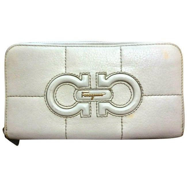 Salvatore Ferragamo White Leather With Brown Contrast Stitching And A Quilted Double Gancini Zip Around Wallet