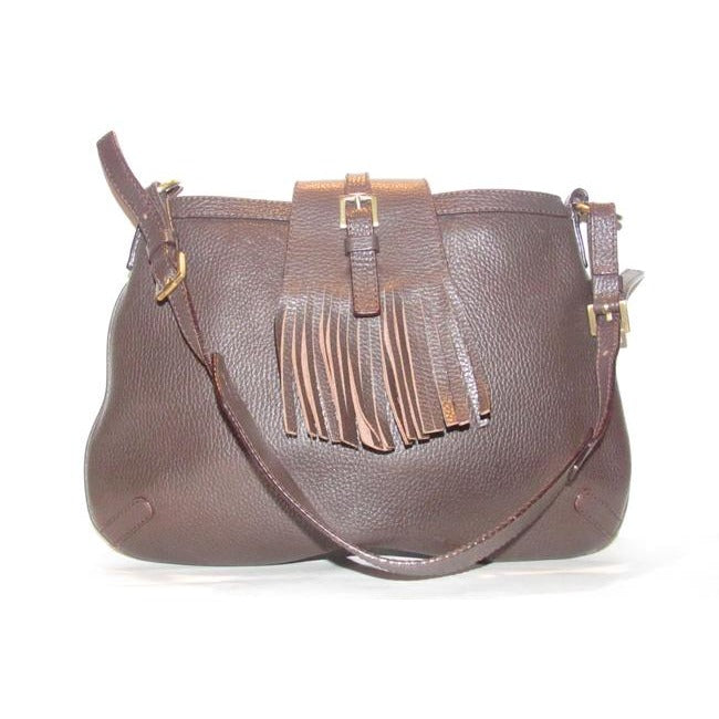 Burberry Style Shoulder Purses Brown Leather With Fringe And Equestrian Accents Hobo Bag