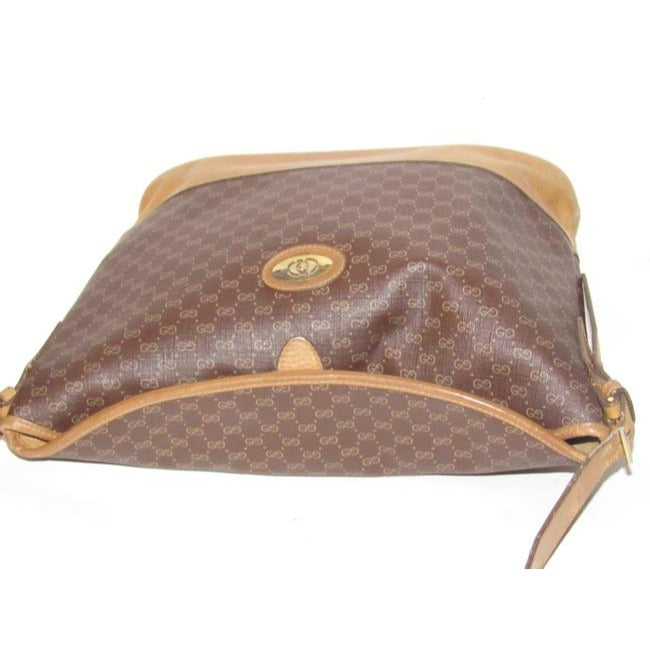 Gucci Camel Micro Logo Print On Brown Leather Bucket Bag