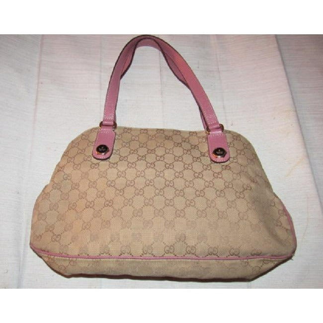 Gucci Vintage Brown Large Logo Print Canvas And Pink Leather